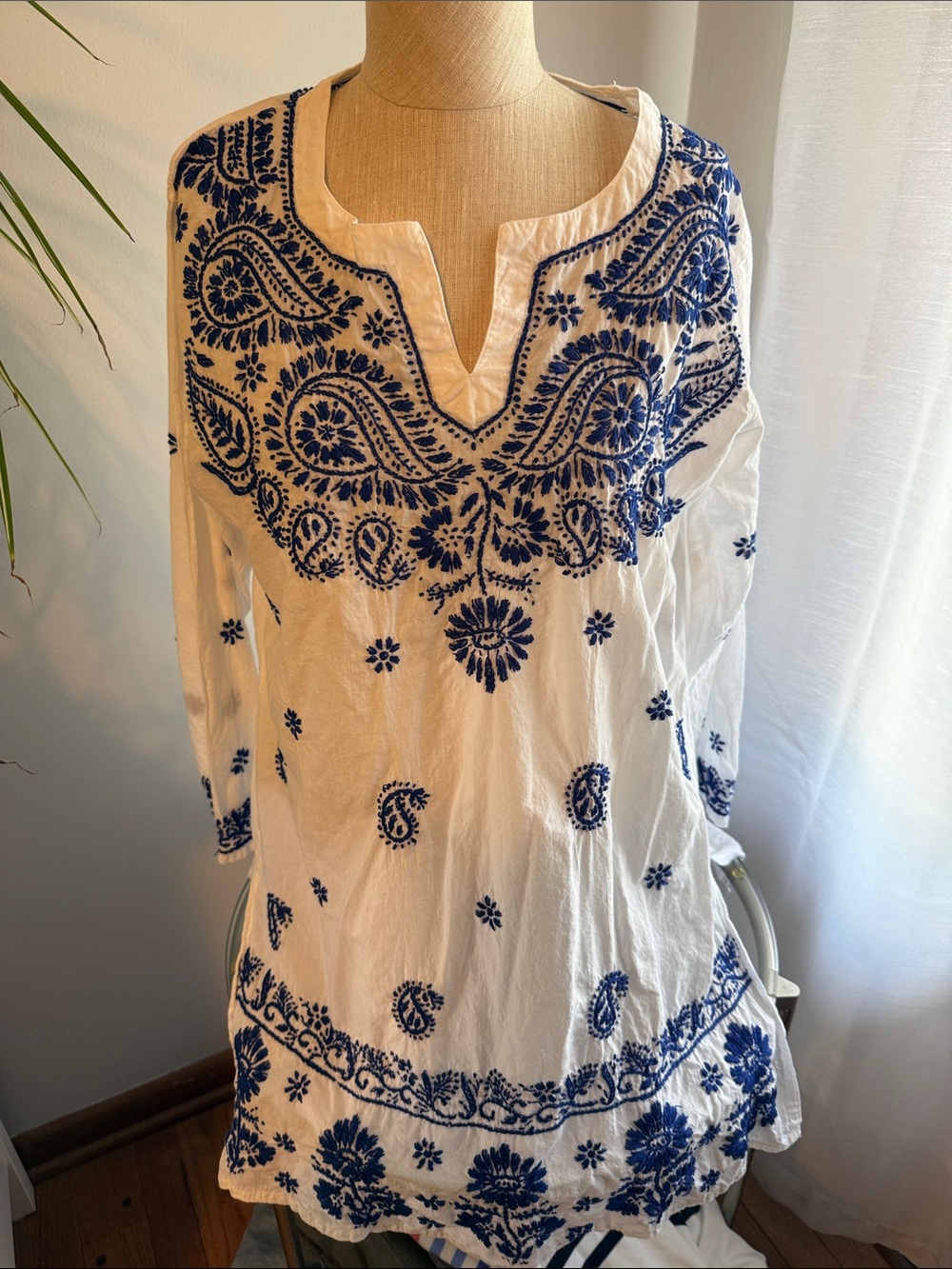 White Cotton Beach cover up with Blue Embroidered Paisley Design